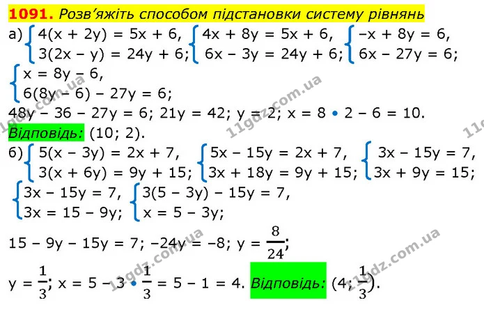 1091. Розв’яжіть способом підстановки систему рівнянь — ГДЗ Алгебра 7 клас Бевз