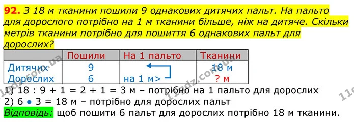 92. З 18 м тканини пошили 9 однакових дитячих пальт. На пальто для дорослого потрібно на 1 м тканини більше, ніж на дитяче. Скільки — ГДЗ Математика 3 клас Лишенко (1, 2 частина)