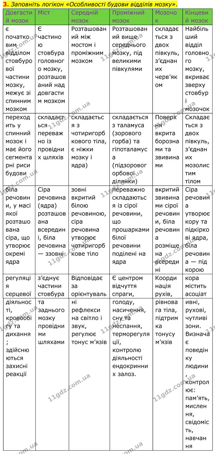 3. Заповніть логікон «Особливості будови відділів мозку». — ГДЗ Робочий зошит Біологія 8 клас Кулініч