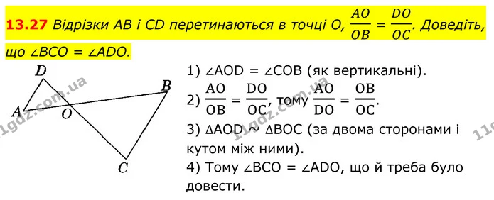 13.27 Відрізки AB і CD перетинаються в точці O, AOOB = DOOC. Доведіть, що ∠BCO = ∠ADO. — ГДЗ Геометрія 8 клас Істер