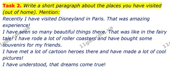 Task 2. Write a short paragraph about the places you have visited (out of home). Mention: — ГДЗ Збірник тестів Англійська мова 5 клас Карпюк
