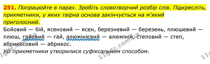 251. Попрацюйте в парах. Зробіть словотворчий розбір слів. Підкресліть, — ГДЗ Українська мова 6 клас Ворон, Солопенко