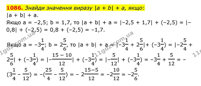 1086. Знайди значення виразу |а + b| + а, якщо: — ГДЗ Математика 6 клас Істер 2023 1-2 ч.