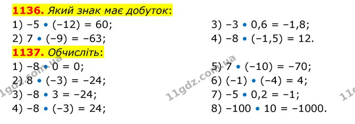 1136. Який знак має добуток: — ГДЗ Математика 6 клас Кравчук 2023