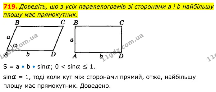 719. Доведіть, що з усіх паралелограмів зі сторонами a і b найбільшу площу має прямокутник. — ГДЗ Геометрія 8 клас Мерзляк