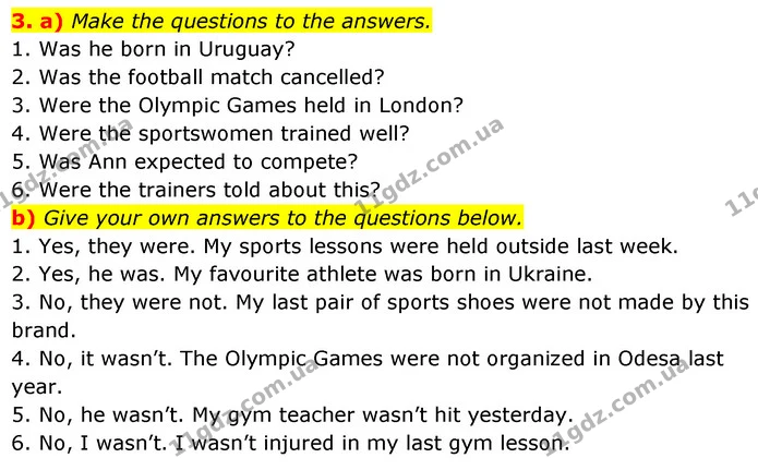 3. a) Make the questions to the answers. — ГДЗ Англійська мова 7 клас Карпюк