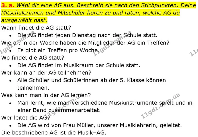 3. a. Wähl dir eine AG aus. Beschreib sie nach den Stichpunkten. Deine Mitschülerinnen und Mitschüler hören zu und raten, welche AG du — ГДЗ Німецька мова 7 клас Басай