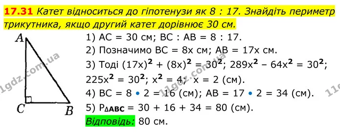 17.31 Катет відноситься до гіпотенузи як 8 : 17. Знайдіть периметр — ГДЗ Геометрія 8 клас Істер