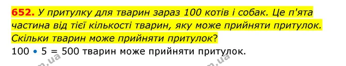 652. У притулку для тварин зараз 100 котів і собак. Це п'ята частина від тієї кількості тварин, яку може прийняти притулок. Скільки — ГДЗ Математика 4 клас Бевз 1 та 2 частини