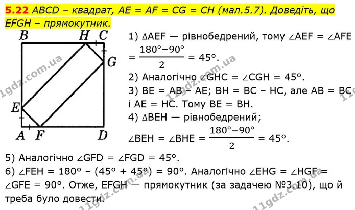 5.22 ABCD – квадрат, AE = AF = CG = CH (мал.5.7). Доведіть, що EFGH – прямокутник. — ГДЗ Геометрія 8 клас Істер