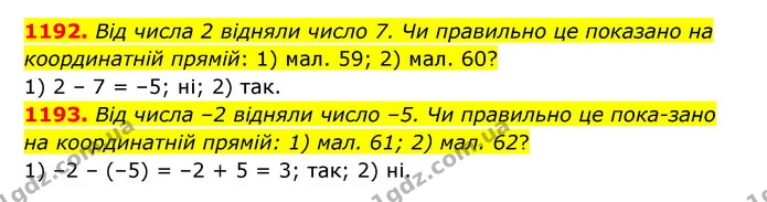 1192. Від числа 2 відняли число 7. Чи правильно це показано на координатній прямій: 1) мал. 59; 2) мал. 60? — ГДЗ Математика 6 клас Тарасенкова 2023 1-2 ч.