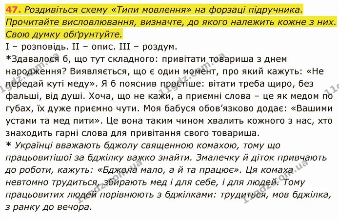 47. Роздивіться схему «Типи мовлення» на форзаці підручника. Прочитайте висловлювання, визначте, до якого належить кожне з них. — ГДЗ Українська мова 6 клас Глазова
