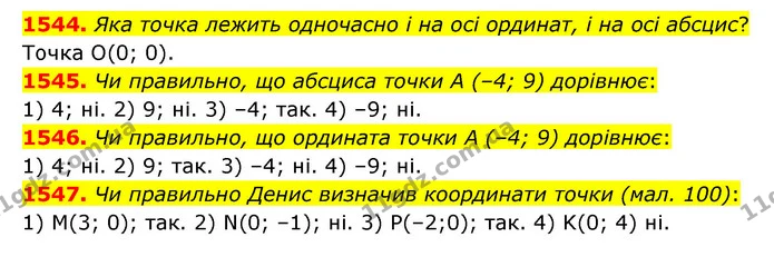1544. Яка точка лежить одночасно і на осі ординат, і на осі абсцис? — ГДЗ Математика 6 клас Тарасенкова 2023 1-2 ч.