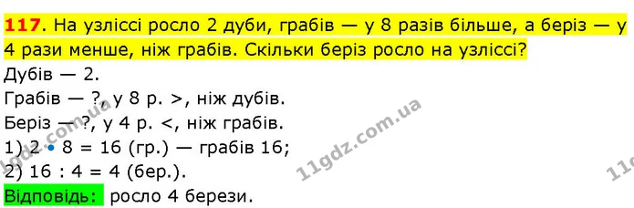 117. На узліссі росло 2 дуби, грабів — у 8 разів більше, а беріз — у 4 рази менше, ніж грабів. Скільки беріз росло на узліссі? — ГДЗ Математика 3 клас Козак 1-2 ч.