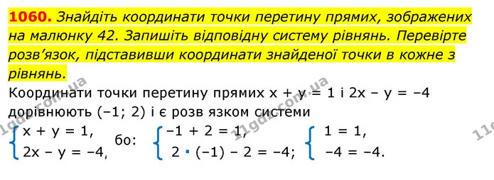 1060. Знайдіть координати точки перетину прямих, зображених — ГДЗ Алгебра 7 клас Істер 2020