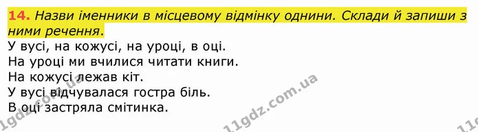 14. Назви іменники в місцевому відмінку однини. Склади й запиши з ними речення. — ГДЗ Українська мова 4 клас Вашуленко 2021 (1 частина)