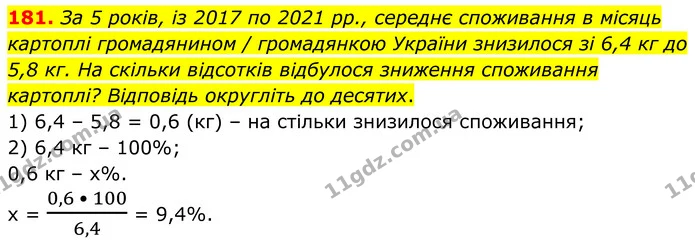 181. За 5 років, із 2017 по 2021 pp., середнє споживання в місяць картоплі громадянином / громадянкою України знизилося зі 6,4 кг до — ГДЗ Алгебра 8 клас Мерзляк