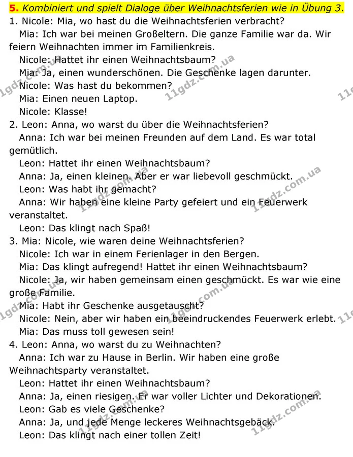 5. Kombiniert und spielt Dialoge über Weihnachtsferien wie in Übung 3. — ГДЗ Німецька мова 6 клас Сотникова 2 рік (2023)