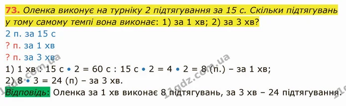 73. Оленка виконує на турніку 2 підтягування за 15 с. Скільки підтягувань у тому самому темпі вона виконає: 1) за 1 хв; 2) за 3 хв? — ГДЗ Математика 5 клас Істер 2022