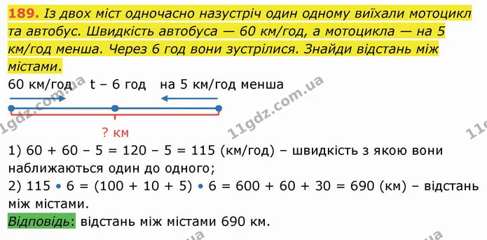 189. Із двох міст одночасно назустріч один одному виїхали мотоцикл та автобус. Швидкість автобуса — 60 км/год, а мотоцикла — на 5 — ГДЗ Математика 4 клас Оляницька
