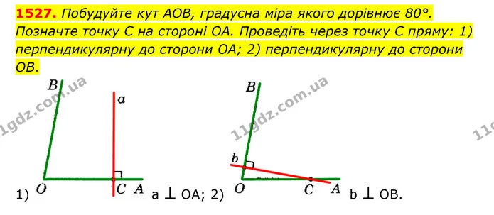 1527. Побудуйте кут AOB, градусна міра якого дорівнює 80°. Позначте точку C на стороні OA. Проведіть через точку C пряму: 1) — ГДЗ Математика 6 клас Тарасенкова 2023 1-2 ч.