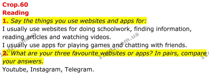 1. Say the things you use websites and apps for: — ГДЗ Англійська мова 7 клас Коста