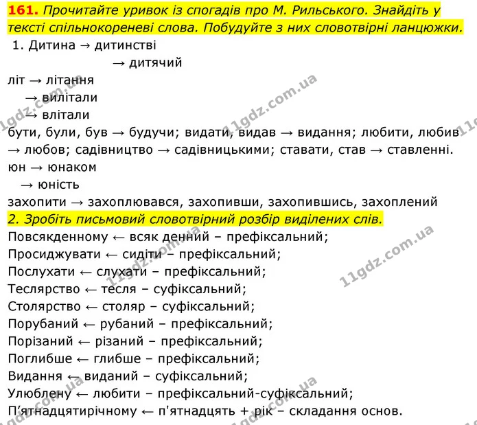 161. Прочитайте уривок із спогадів про М. Рильського. Знайдіть у тексті спільнокореневі слова. Побудуйте з них словотвірні ланцюжки. — ГДЗ Відповіді Українська мова 6 клас Єрмоленко