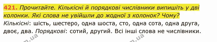 421. Прочитайте. Кількісні й порядкові числівники випишіть у дві колонки. Які слова не увійшли до жодної з колонок? Чому? — ГДЗ Українська мова 6 клас Глазова