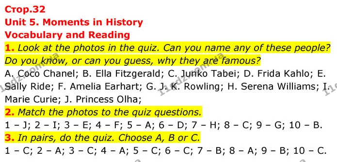 1. Look at the photos in the quiz. Can you name any of these people? Do you know, or can you guess, why they are famous? — ГДЗ Англійська мова 6 клас Коста (Prepare 6)
