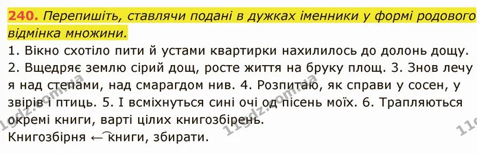 240. Перепишіть, ставлячи подані в дужках іменники у формі родового відмінка множини. — ГДЗ Українська мова 6 клас Глазова