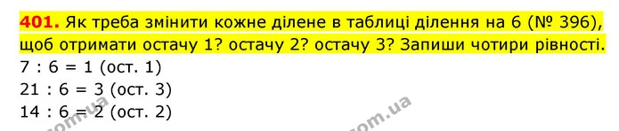401. Як треба змінити кожне ділене в таблиці ділення на 6 (№ 396), щоб отримати остачу 1? остачу 2? остачу 3? Запиши чотири рівності. — ГДЗ Математика 3 клас Будна 1-2 ч.