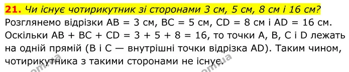 21. Чи існує чотирикутник зі сторонами 3 см, 5 см, 8 см і 16 см? — ГДЗ Геометрія 8 клас Бевз
