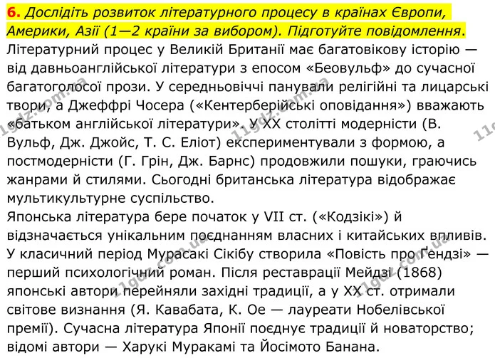 6. Дослідіть розвиток літературного процесу в країнах Європи, Америки, Азії (1—2 країни за вибором). Підготуйте повідомлення. — ГДЗ Зарубіжна література 8 клас Ніколенко