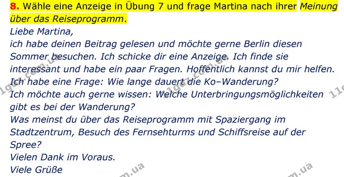 8. Wähle eine Anzeige in Übung 7 und frage Martina nach ihrer Meinung über das Reiseprogramm. — ГДЗ Німецька мова 6 клас Сотникова 2 рік (2023)