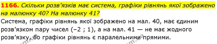 1166. Скільки розв’язків має система, графіки рівнянь якої зображено на малюнку 40? На малюнку 41? — ГДЗ Алгебра 7 клас Істер 2024