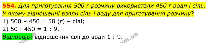 554. Для приготування 500 г розчину використали 450 г води і сіль. У якому відношенні взяли сіль і воду для приготування розчину? — ГДЗ Математика 6 клас Кравчук 2023