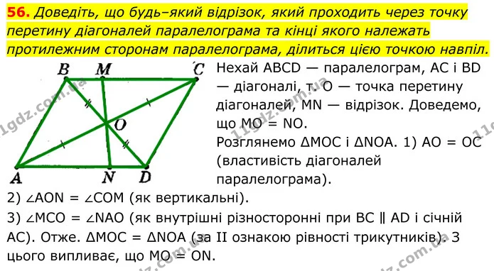 56. Доведіть, що будь–який відрізок, який проходить через точку перетину діагоналей паралелограма та кінці якого належать протилежним — ГДЗ Геометрія 8 клас Мерзляк