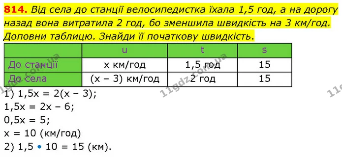 814. Від села до станції велосипедистка їхала 1,5 год, а на дорогу назад вона витратила 2 год, бо зменшила швидкість на 3 км/год — ГДЗ Математика 6 клас Бевз 1-2 ч.