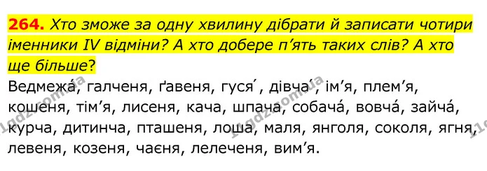264. Хто зможе за одну хвилину дібрати й записати чотири іменники IV відміни? А хто добере п’ять таких слів? А хто ще більше? — ГДЗ Українська мова 6 клас Заболотний 2020