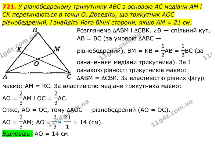 721. У рівнобедреному трикутнику ABC з основою AC медіани AM і CK перетинаються в точці О. Доведіть, що трикутник AOC рівнобедрений, і — ГДЗ Геометрія 8 клас Мерзляк