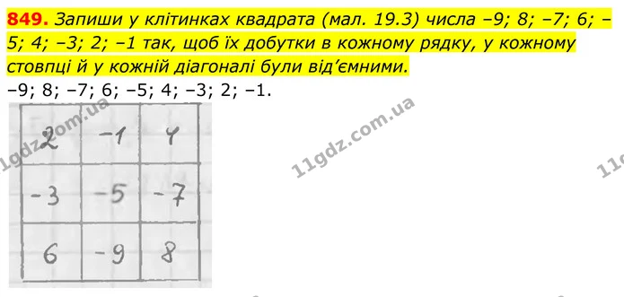 849. Запиши у клітинках квадрата (мал. 19.3) числа –9; 8; –7; 6; –5; 4; –3; 2; –1 так, щоб їх добутки в кожному рядку, у кожному — ГДЗ Алгебра 7 клас Бевз