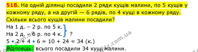 518. На одній ділянці посадили 2 ряди кущів малини, по 5 кущів у кожному ряду, а на другій — 6 рядів, по 4 кущі в кожному ряду. Скільки — ГДЗ Математика 3 клас Будна 1-2 ч.