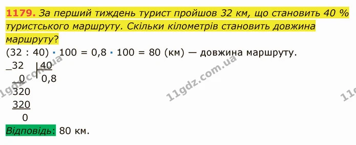 1179. За перший тиждень турист пройшов 32 км, що становить 40 % туристського маршруту. Скільки кілометрів становить довжина маршруту? — ГДЗ Математика 5 клас Мерзляк