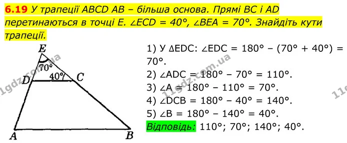 6.19 У трапеції ABCD AB – більша основа. Прямі BC і AD перетинаються в точці E. ∠ECD = 40°, ∠BEA = 70°. Знайдіть кути трапеції. — ГДЗ Геометрія 8 клас Істер