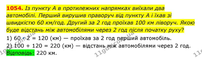 1054. Із пункту А в протилежних напрямках виїхали два автомобілі. Перший вирушив праворуч від пункту А і їхав зі швидкістю 60 км/год — ГДЗ Математика 6 клас Тарасенкова 2023 1-2 ч.