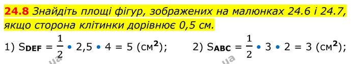 24.8 Знайдіть площі фігур, зображених на малюнках 24.6 і 24.7, якщо сторона клітинки дорівнює 0,5 см. — ГДЗ Геометрія 8 клас Істер