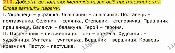 210. Доберіть до поданих іменників назви осіб протилежної статі. Слова запишіть парами. — ГДЗ Українська мова 6 клас Глазова