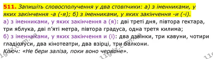 511. Запишіть словосполучення у два стовпчики: а) з іменниками, у яких закінчення -а (-я); б) з іменниками, у яких закінчення -и (-і). — ГДЗ Українська мова 6 клас Ворон, Солопенко