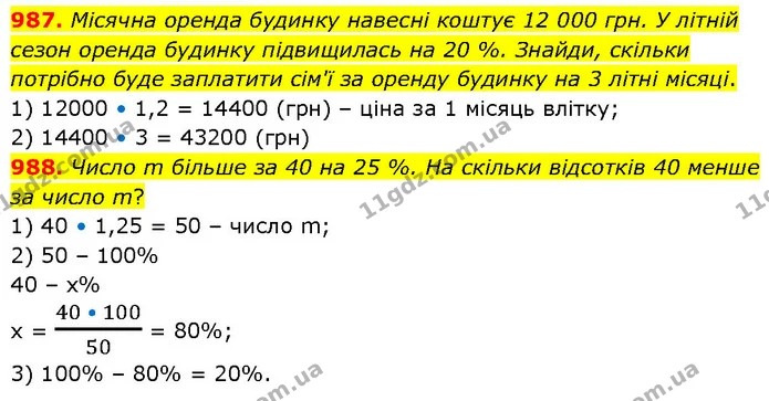 987. Місячна оренда будинку навесні коштує 12 000 грн. У літній сезон оренда будинку підвищилась на 20 %. Знайди, скільки потрібно буде — ГДЗ Математика 6 клас Бевз 1-2 ч.