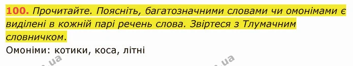 100. Прочитайте. Поясніть, багатозначними словами чи омонімами є виділені в кожній парі речень слова. Звіртеся з Тлумачним словничком. — ГДЗ Українська мова 5 клас Глазова 2022